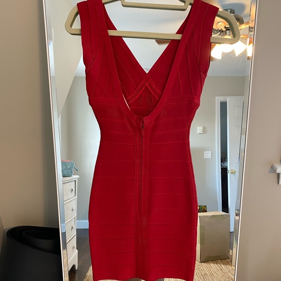 Herve Leger Red V Neck Mini Bandage Dress XS - Picture 5 of 11